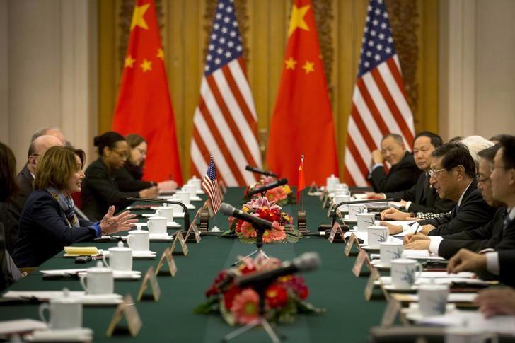 U.S. House Minority Leader Nancy Pelosi (L) speaks at a bilateral meeting with Zhang Ping, Vice Chairman of China's National People's Congress at the Great Hall of the People in Beijing, Thursday, Nov. 12, 2015. REUTERS/Mark Schiefelbein/Pool